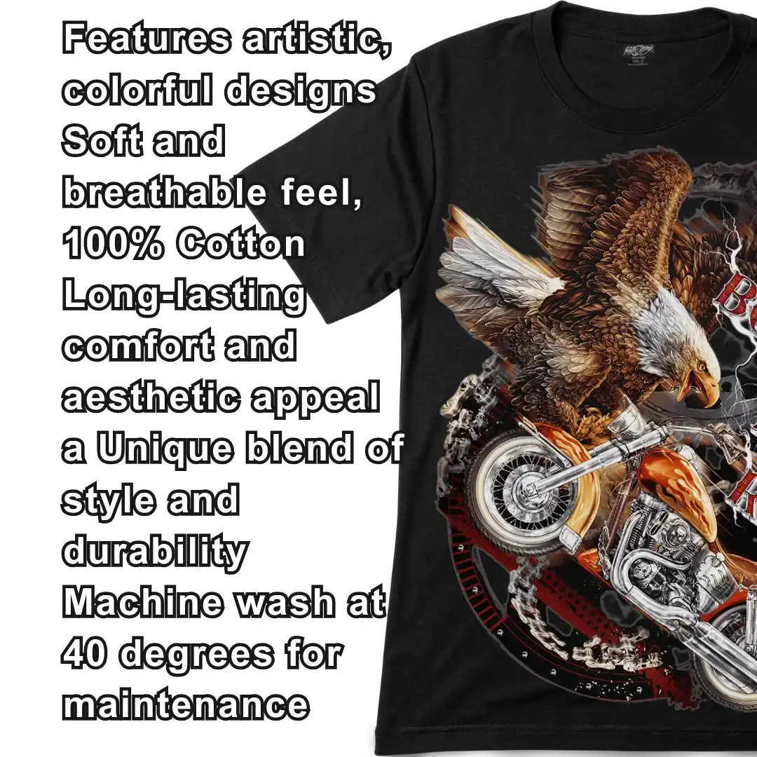 Bald Eagle Motorcycle Graphic Tee — Glow Apparel - Magic Mystic Shoppe Bald eagle motorcycle t-shirt. Close-up texture shot of the 100% cotton fabric.