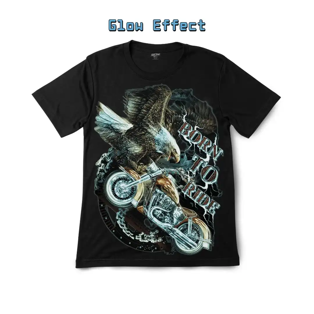 Bald Eagle Motorcycle Graphic Tee — Glow Apparel - Magic Mystic Shoppe Front view of a bald eagle motorcycle t-shirt displaying the glow-in-the-dark effect.