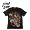Promotional "Shop Now" banner for bald eagle motorcycle graphic tee.