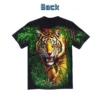 Back view of a black t-shirt featuring a fierce tiger jungle.