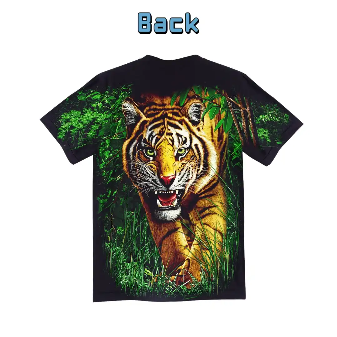 Fierce Tiger Jungle Graphic Tee — Glow Effect - Magic Mystic Shoppe Back view of a black t-shirt featuring a fierce tiger jungle.