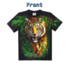 Front view of a black t-shirt featuring a fierce tiger jungle.