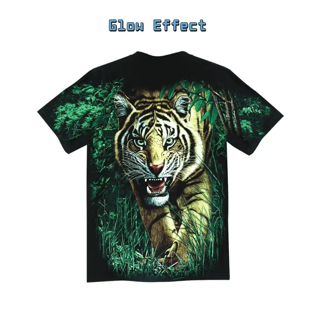 Fierce Tiger Jungle Graphic Tee — Glow Effect - Magic Mystic Shoppe Back view of a fierce jungle graphic tee showing the glow-in-the-dark effect.