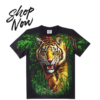 Promotional graphic showing a fierce tiger jungle with a "Shop Now" call to action.