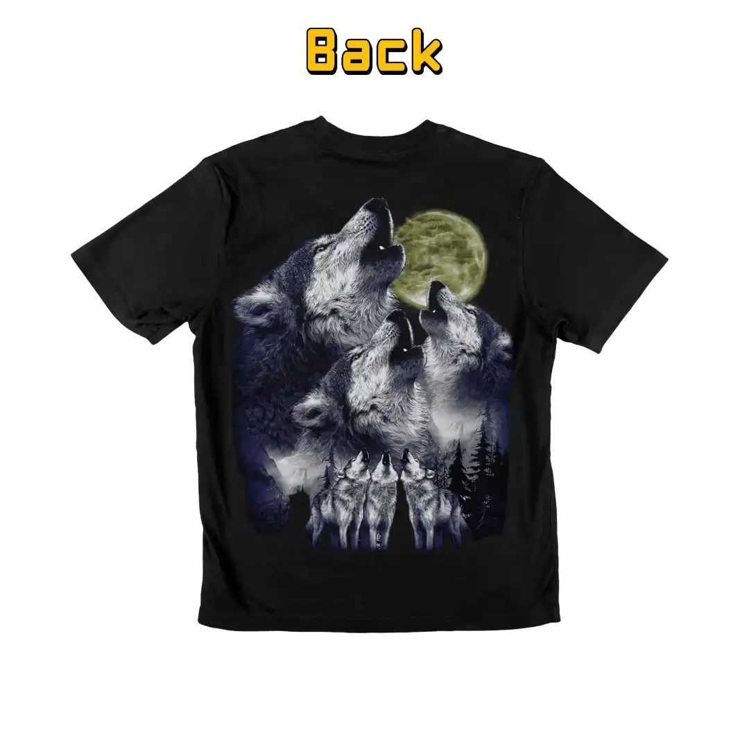 Howling Wolf Pack Full Moon Tee—Glow Magic - Magic Mystic Shoppe Back view of a Howling Wolf Pack Full Moon Tee.