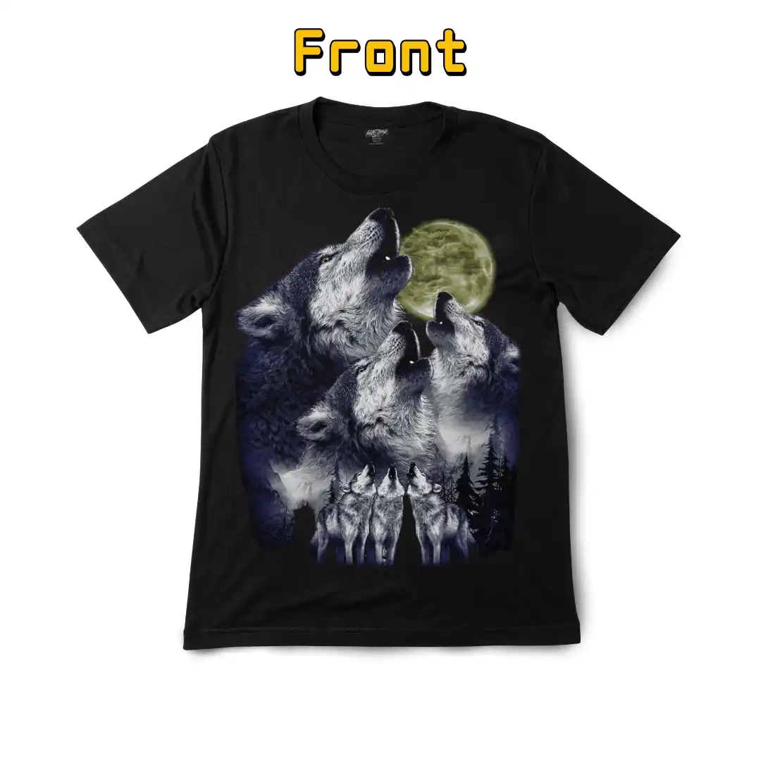 Howling Wolf Pack Full Moon Tee—Glow Magic - Magic Mystic Shoppe Front view of a Howling Wolf Pack Full Moon Tee.