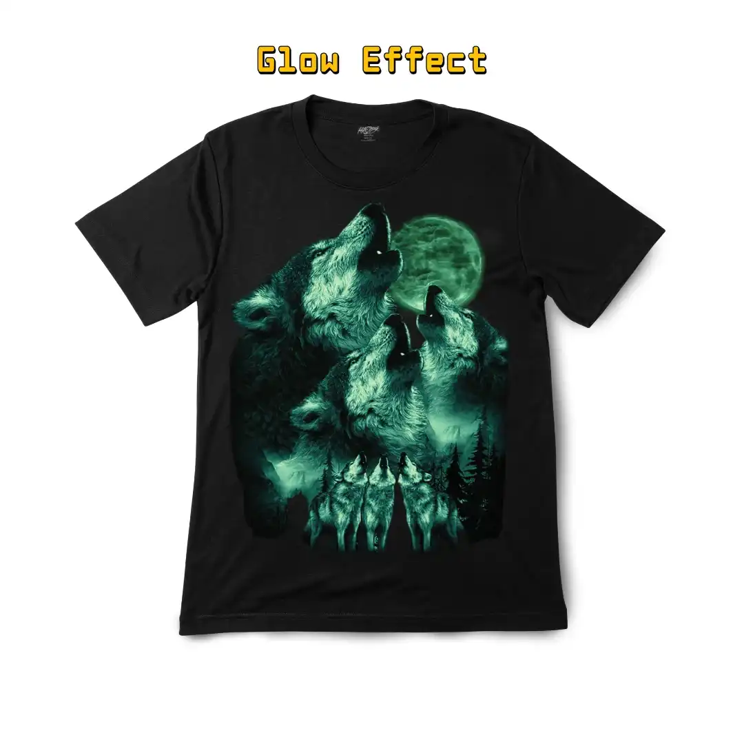 Howling Wolf Pack Full Moon Tee—Glow Magic - Magic Mystic Shoppe Front view of Howling Wolf Pack Full Moon Tee showing the glow-in-the-dark effect.