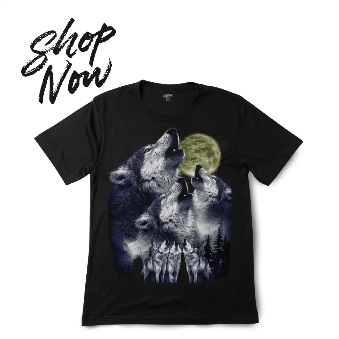 Howling Wolf Pack Full Moon Tee—Glow Magic - Magic Mystic Shoppe Promotional graphic showing a Howling Wolf Pack Full Moon Tee with a "Shop Now" call to action.