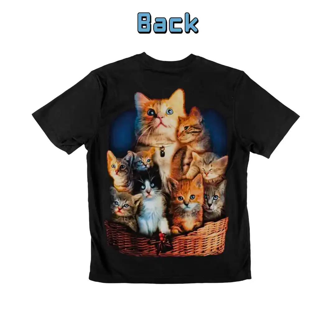Kittens Cat Basket Graphic Tee— Glow-in-the-Dark - Magic Mystic Shoppe Back view of a black t-shirt featuring adorable Kittens Cat Basket.