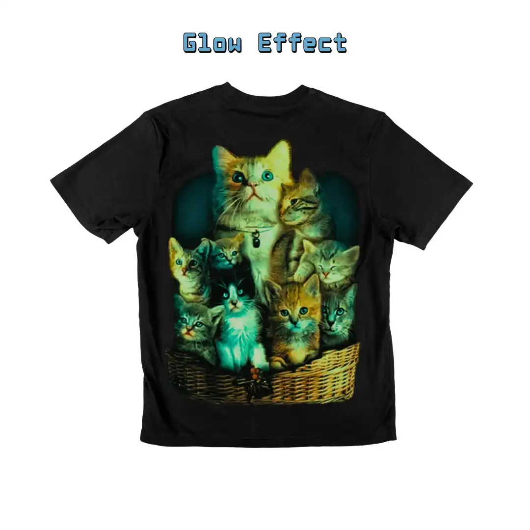 Kittens Cat Basket Graphic Tee— Glow-in-the-Dark - Magic Mystic Shoppe Back view of a Kittens Cat Basket t-shirt showing glow-in-the-dark effect.