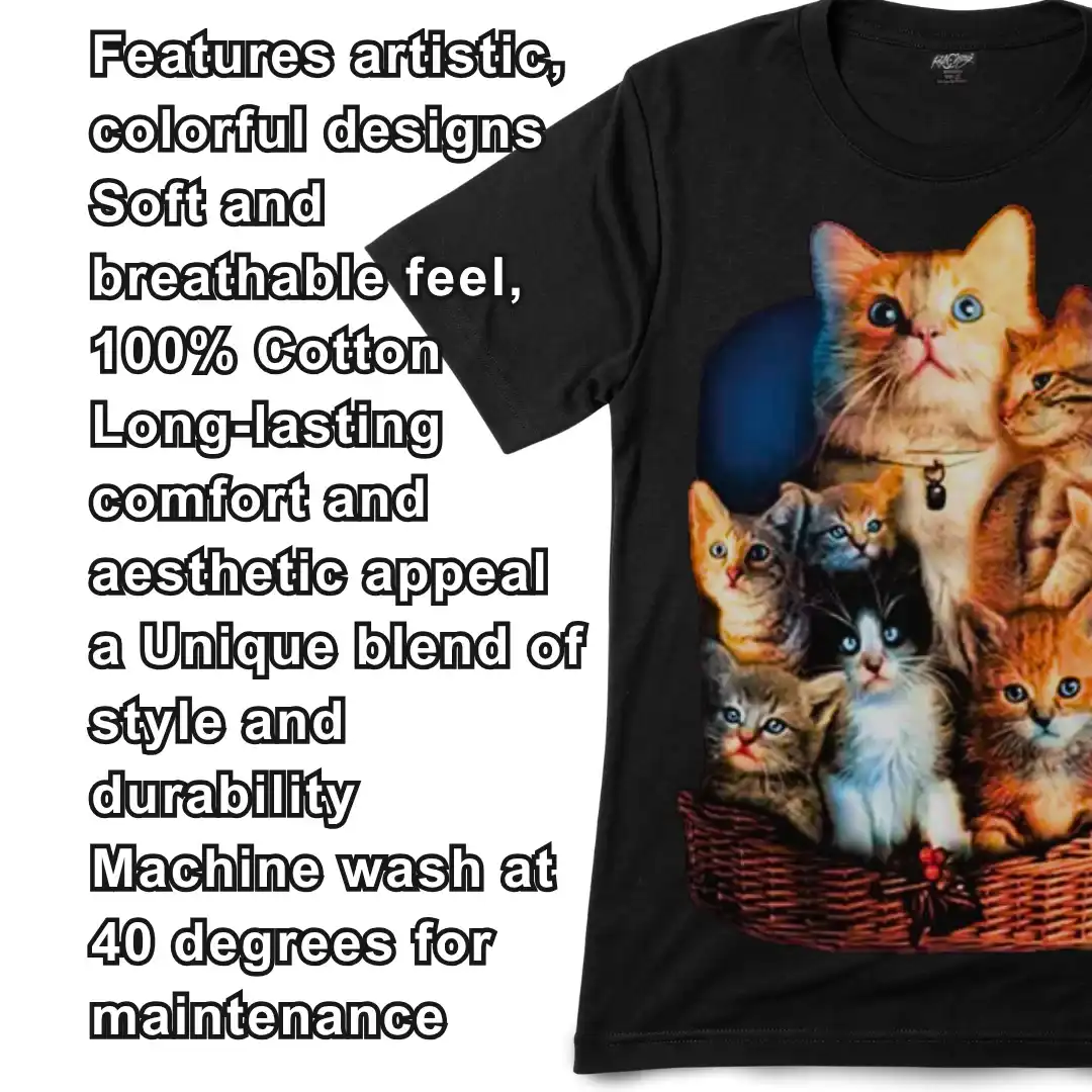 Kittens Cat Basket Graphic Tee— Glow-in-the-Dark - Magic Mystic Shoppe Close-up of Kittens Cat Basket t-shirt featuring the detailed fabric quality.