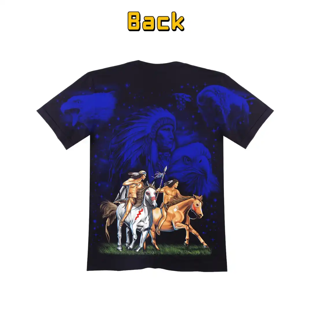 Native Warriors Horseback Graphic Tee — Glow Magic - Magic Mystic Shoppe Back view of a black t-shirt featuring Native Warriors Horseback Riding on free plains.