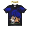 Front view of a black t-shirt featuring Native Warriors Horseback Riding on free plains.