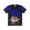 Close-up detail features Native Warriors Horseback Riding graphic t-shirt.