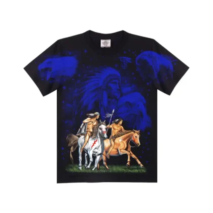 Close-up detail features Native Warriors Horseback Riding graphic t-shirt.
